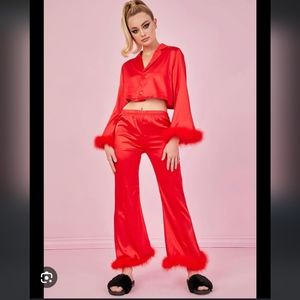 Sugar Thrillz "Crimson Lovers Quarrel" satin PJ set - top M pants L